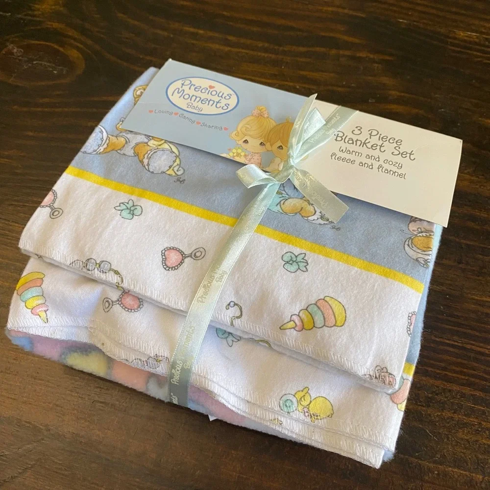 Vintage 2002 Precious Moments 2 Piece Baby Blanket Set Fleece Flannel Pastel